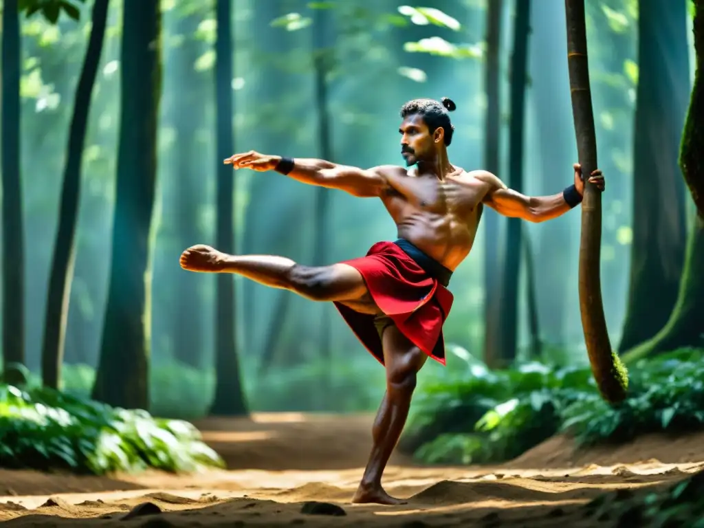 Maestro de Kalaripayattu ejecutando técnicas ancestrales en un bosque exuberante