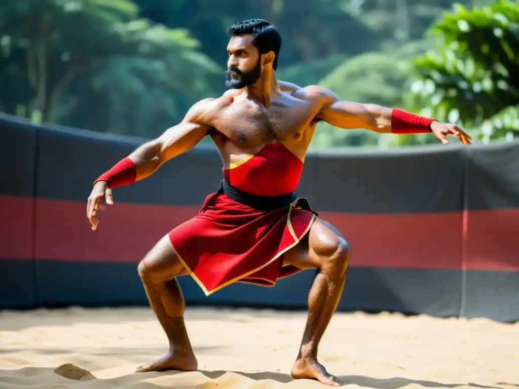 Un maestro de Kalaripayattu demuestra técnicas de autodefensa en un escenario tradicional, vistiendo un traje rojo y dorado vibrante