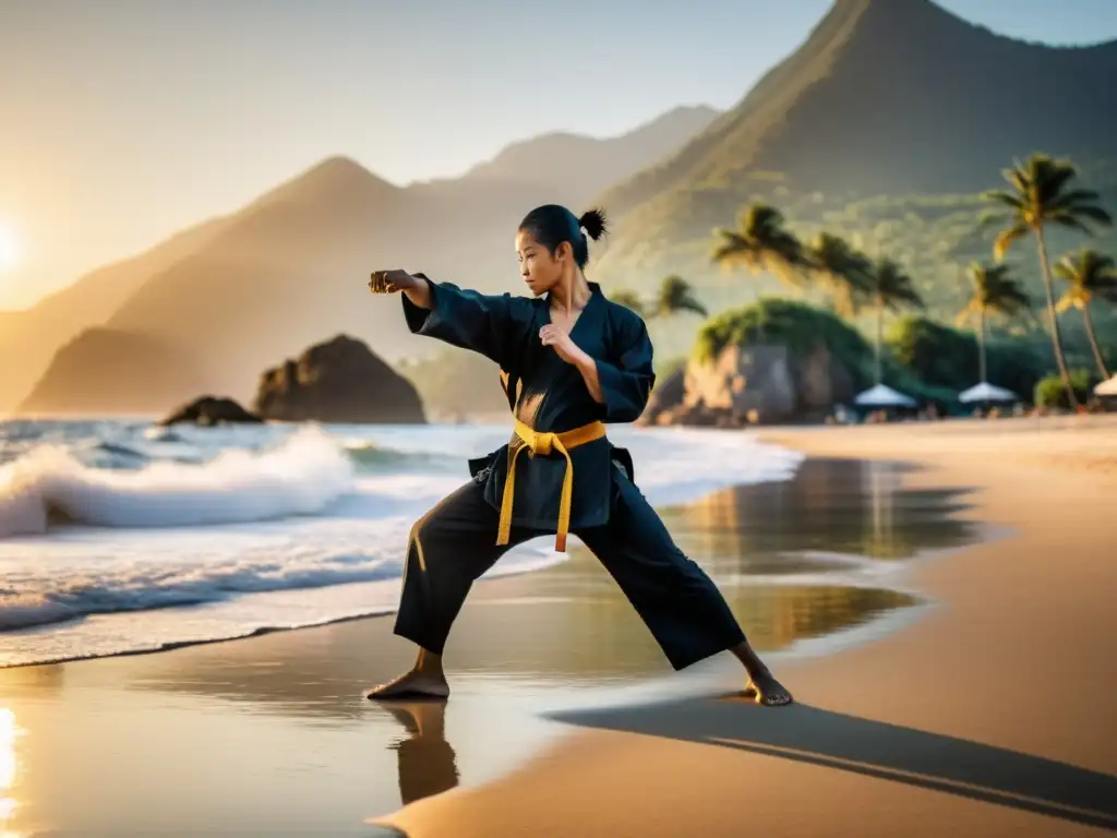 Maestro enseñando técnicas de Jeet Kune Do en campamento frente al mar al amanecer, con estudiantes concentrados en la playa