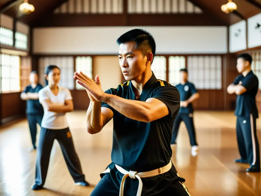 Maestro de Wing Chun y estudiantes en acción Maestro de Wing Chun demostrando técnicas de defensa personal en un entorno tradicional, rodeado de estudiantes concentrados