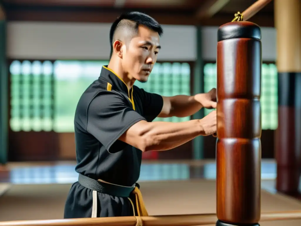 Un maestro de Wing Chun demostrando técnicas en un dummy tradicional