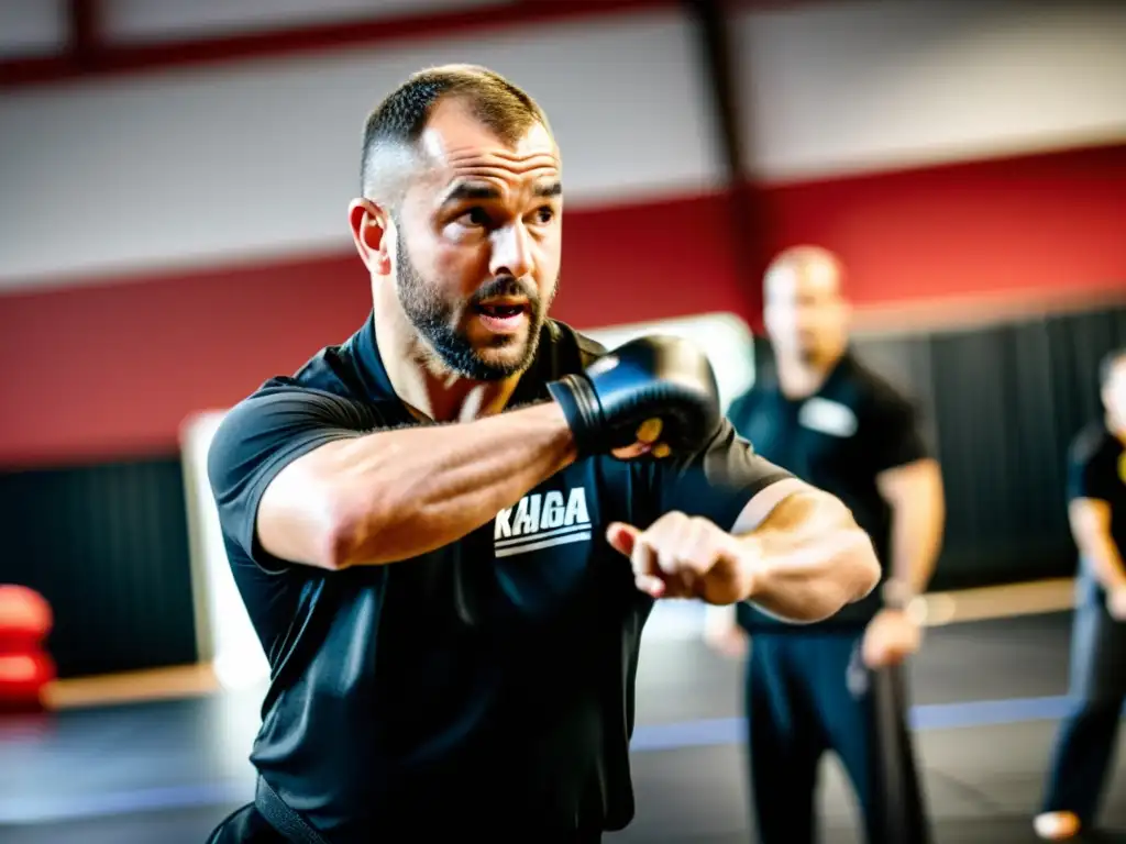 Maestro de Krav Magá demostrando técnicas esenciales de autodefensa, inspirando determinación y disciplina en el dojo