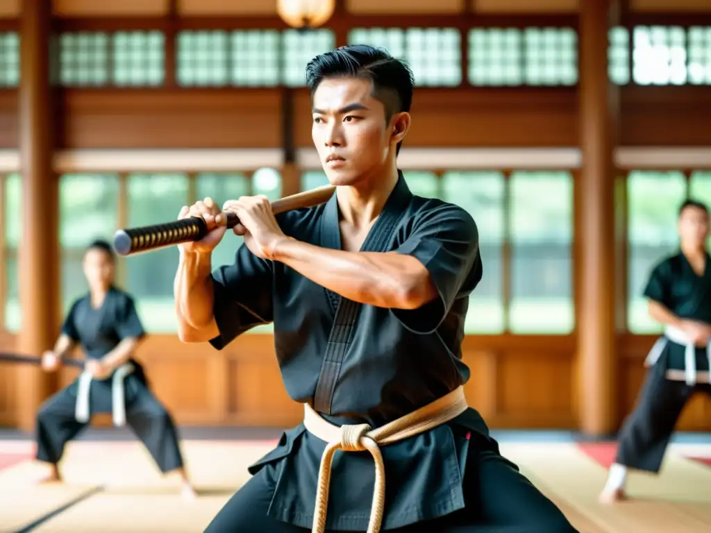 Un maestro muestra técnicas de espada en un dojo tradicional, demostrando el impacto cultural y la destreza en el entrenamiento de espadas