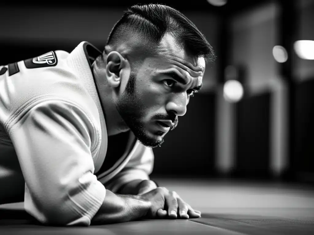 Maestro de Brazilian Jiu Jitsu mostrando técnicas de suelo con determinación y camaradería en el gimnasio