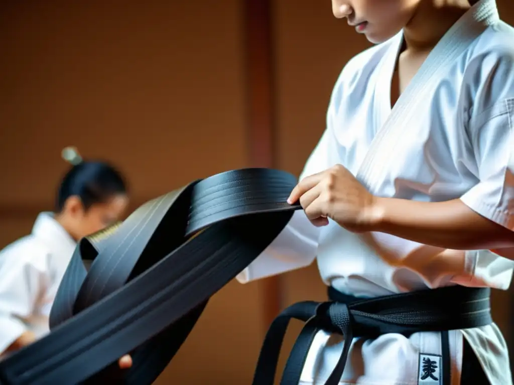 Un maestro de karate ajusta la tradicional faja negra a un estudiante, reflejando la solemnidad y respeto del entrenamiento personalizado en karate