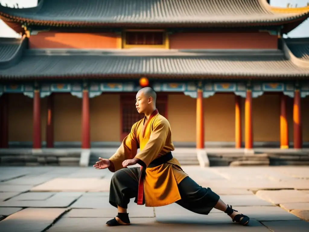 Un maestro tradicional de Kung Fu Shaolin practica movimientos precisos en un patio sereno