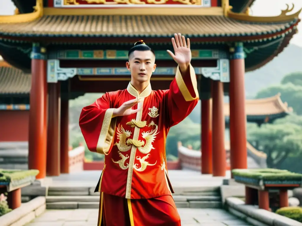 Un maestro de Kung Fu en traje tradicional rojo y dorado, en un antiguo templo chino