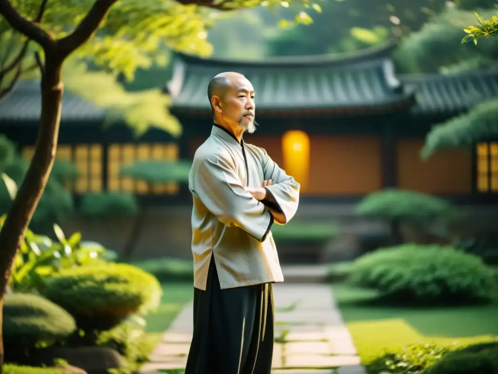 Un maestro de kung fu en un jardín tranquilo, practicando movimientos elegantes