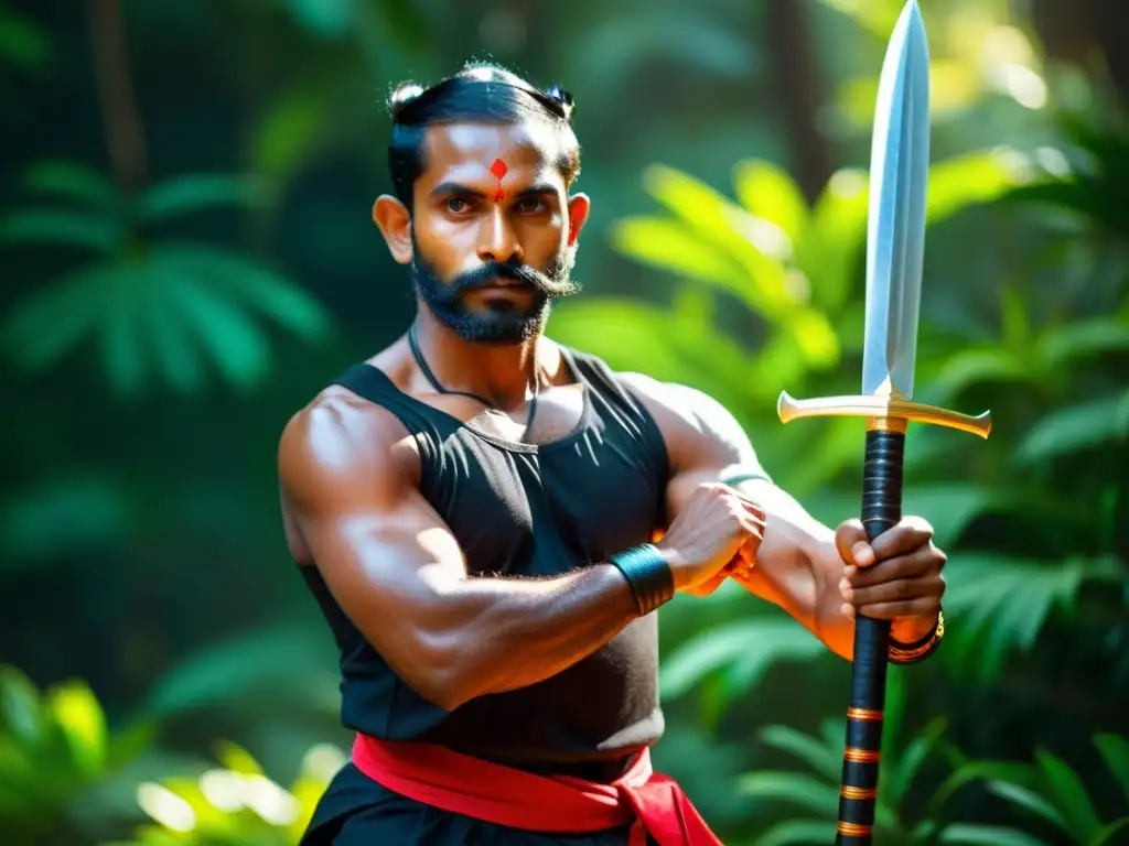 Un maestro de Kalaripayattu sostiene un urumi brillante en medio de exuberante vegetación