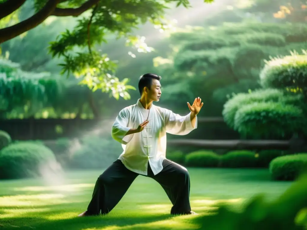 Maestro de Tai Chi en jardín verde practicando movimientos fluidos, transmite calma y sabiduría