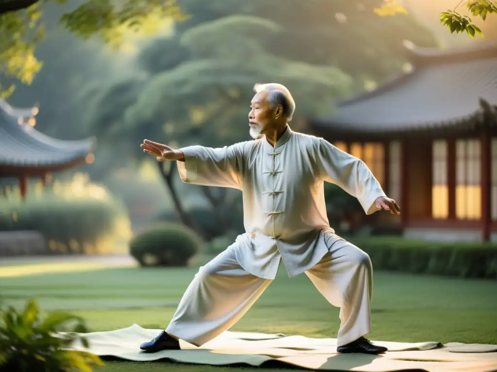 Un maestro de Tai Chi, vestido con túnicas tradicionales, realiza movimientos precisos y fluidos en un jardín sereno al amanecer