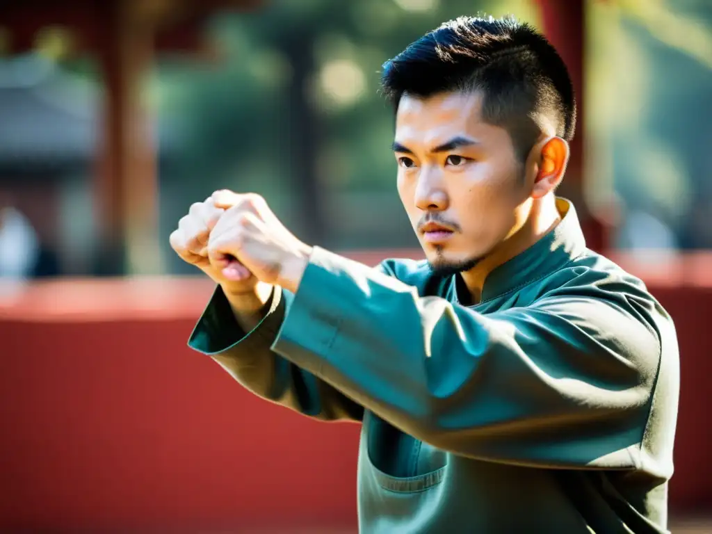 Un maestro de Xing Yi Quan ejecuta con maestría el 'Pi Quan', mostrando disciplina y enfoque en el entrenamiento de artes marciales chinas