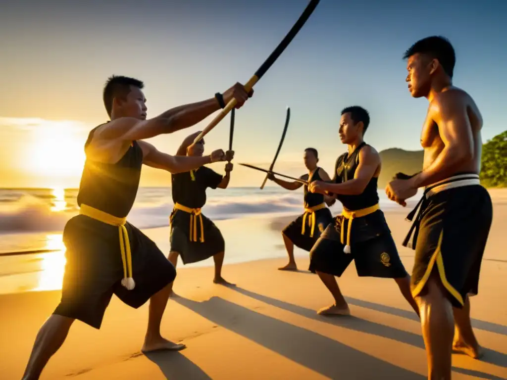 Maestros del arte del Eskrima en Filipinas practicando al amanecer en una remota playa, con movimientos rápidos y precisos