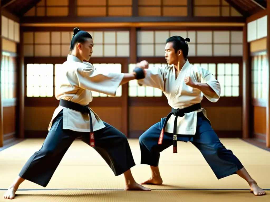 Dos maestros de las artes marciales se enfrentan en un dinámico y poderoso duelo en un dojo tradicional