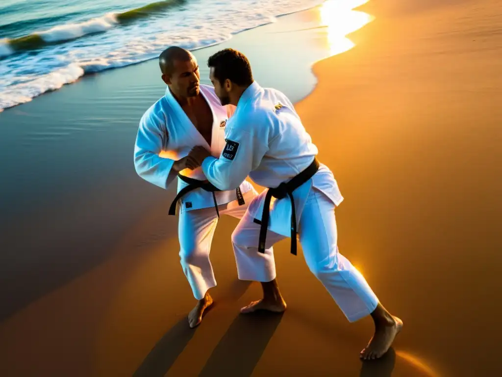 Maestros de JiuJitsu Brasileño en Río practicando en la playa al atardecer, con el Retiro de JiuJitsu Brasileño en Río de Janeiro como telón de fondo