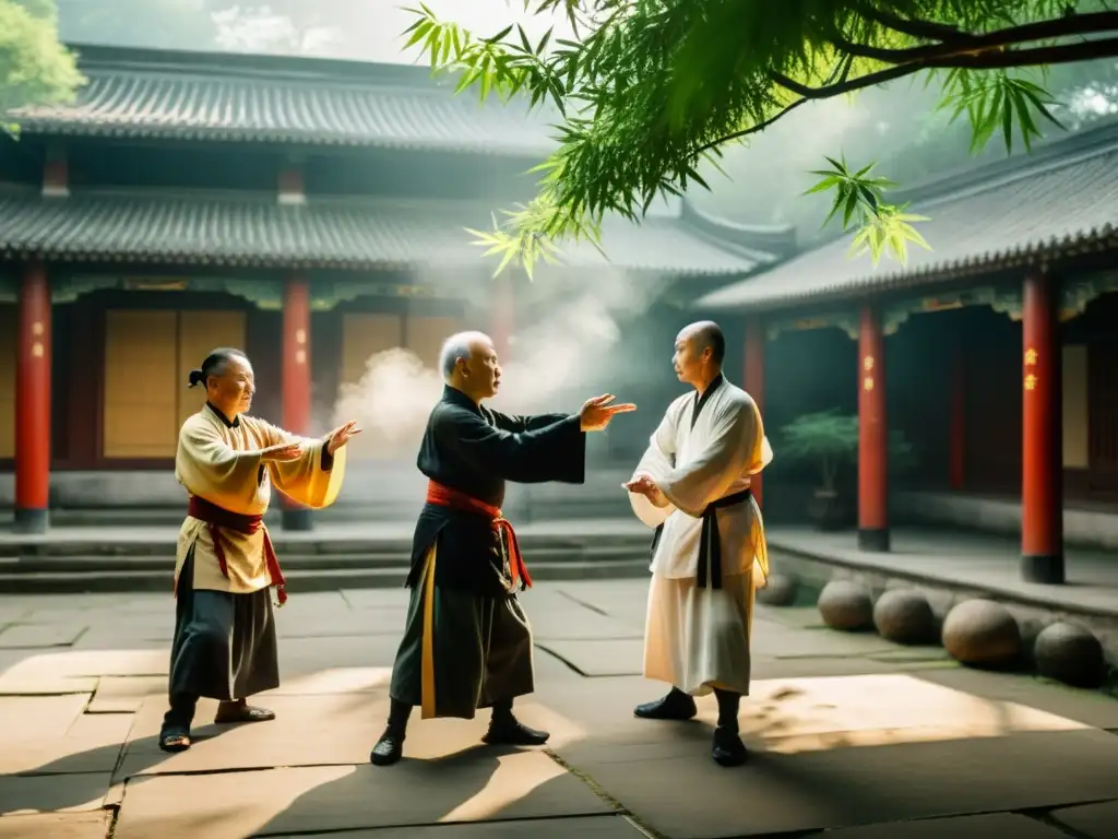 Maestros legendarios de Kung Fu en un patio antiguo entre bambú, irradiando serenidad y poder por su contribución al kung fu