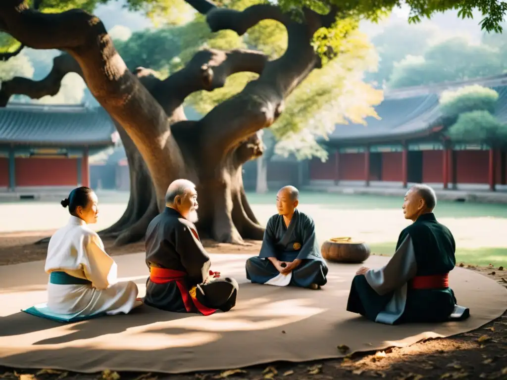 Maestros legendarios en profunda discusión bajo un árbol antiguo, contribución al kung fu