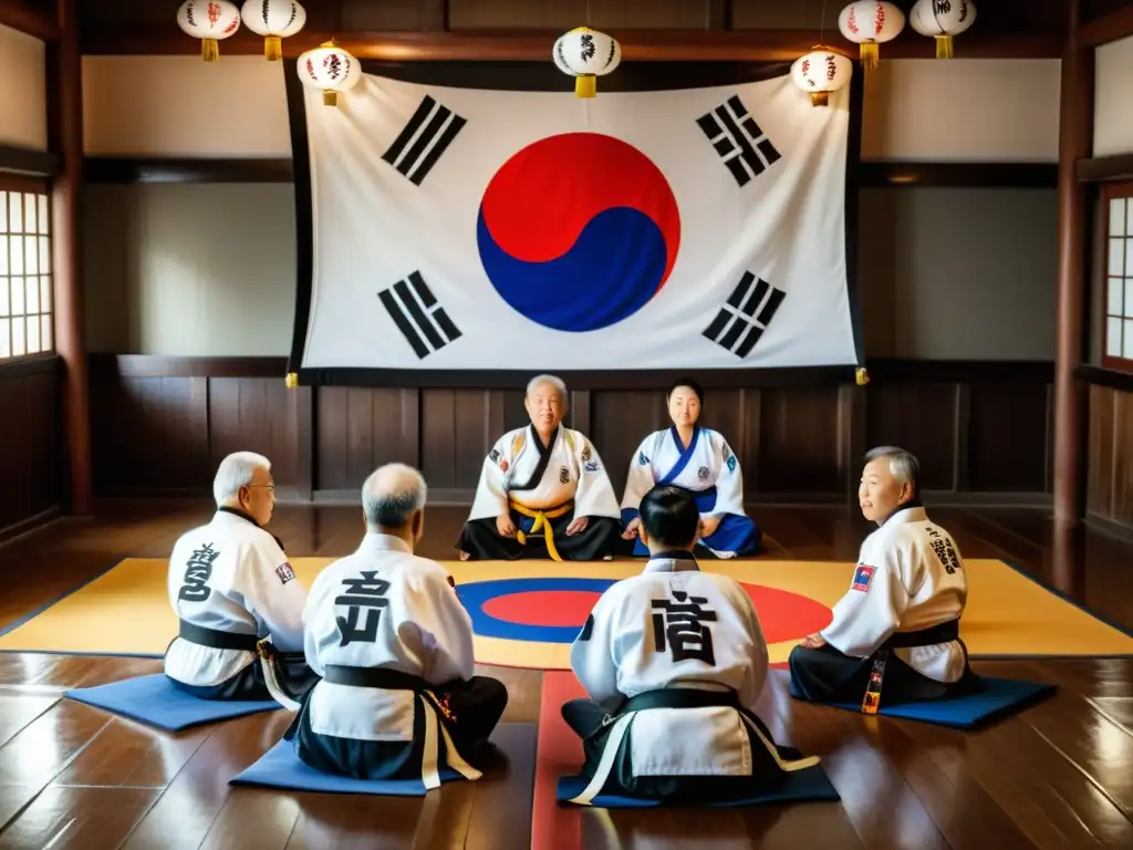 Maestros legendarios Taekwondo inspiración: Ancianos en doboks blancos en un dojang iluminado, compartiendo su sabiduría