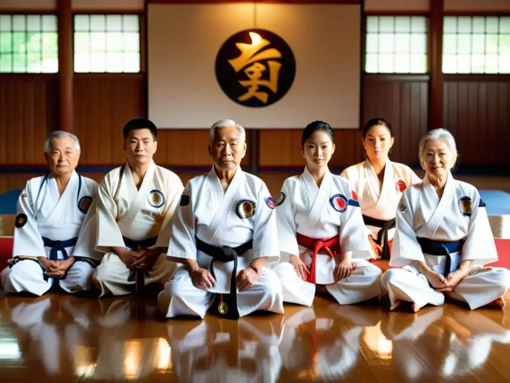 Maestros legendarios de Taekwondo comparten su inspiración y sabiduría en un círculo en el dojo, con el sol iluminando sus rostros determinados