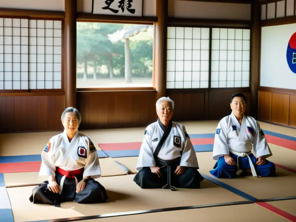 Maestros legendarios de Taekwondo inspiración en un dojang tradicional, reflejando sabiduría y dedicación al arte marcial