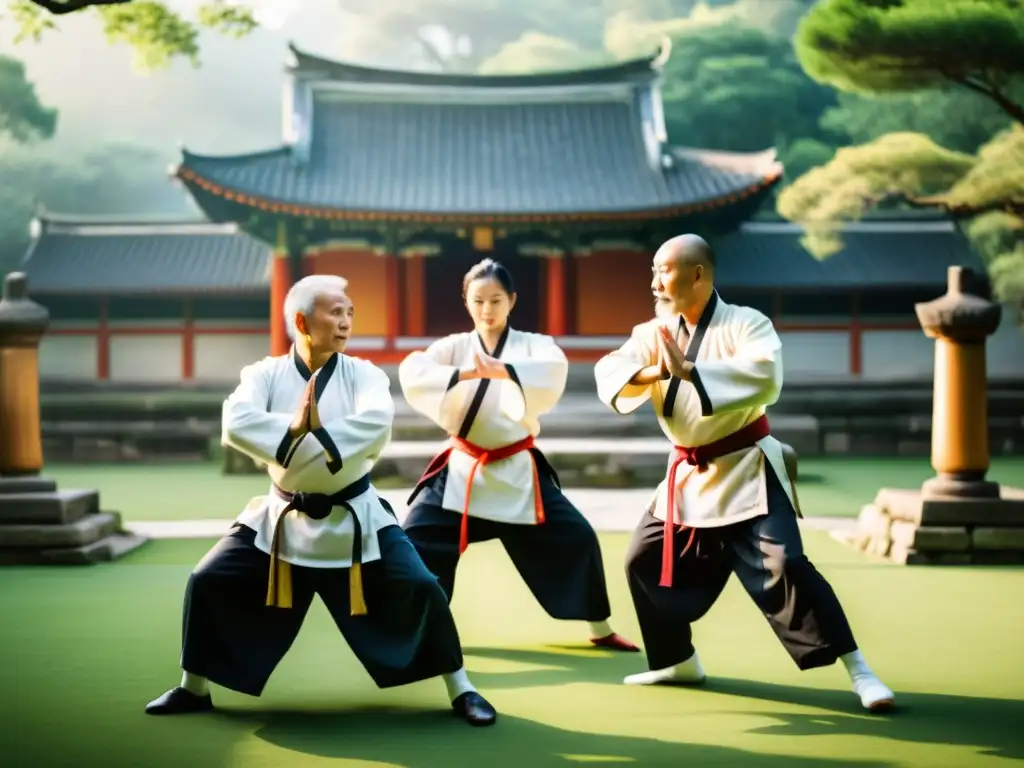 Maestros legendarios de kung fu en jardín tranquilo, exhibiendo sabiduría y fuerza con poses tradicionales, rodeados de antiguos templos y luz cálida