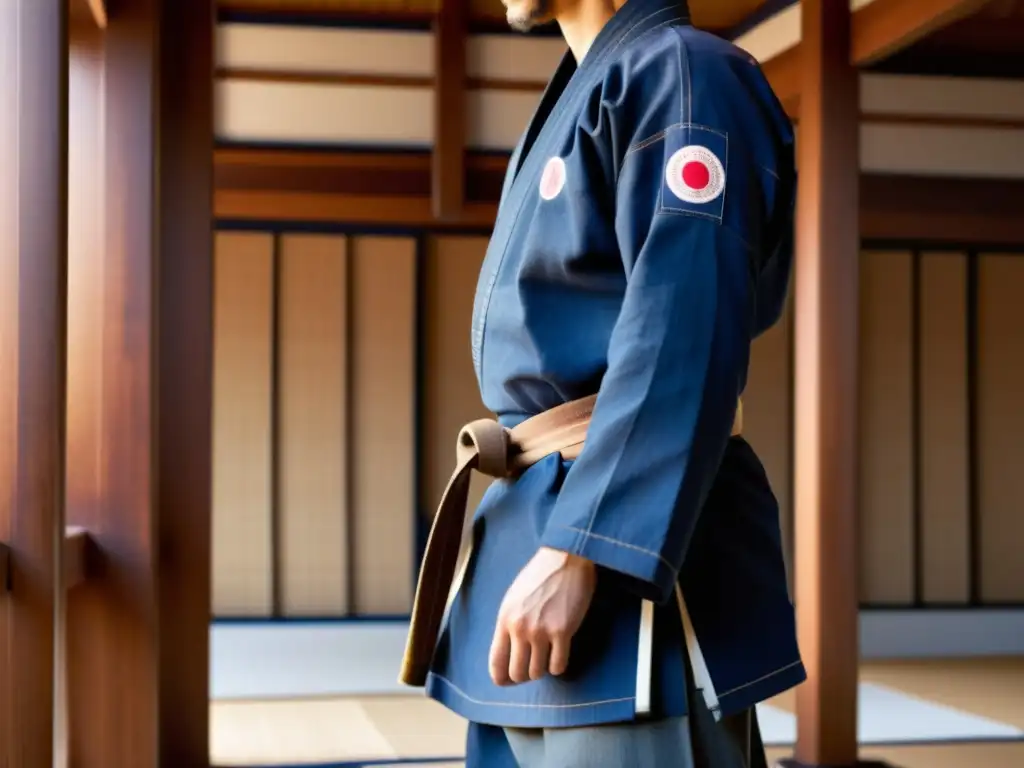 Una makiwara de madera tradicional destaca en un dojo japonés con un gi de karate desgastado