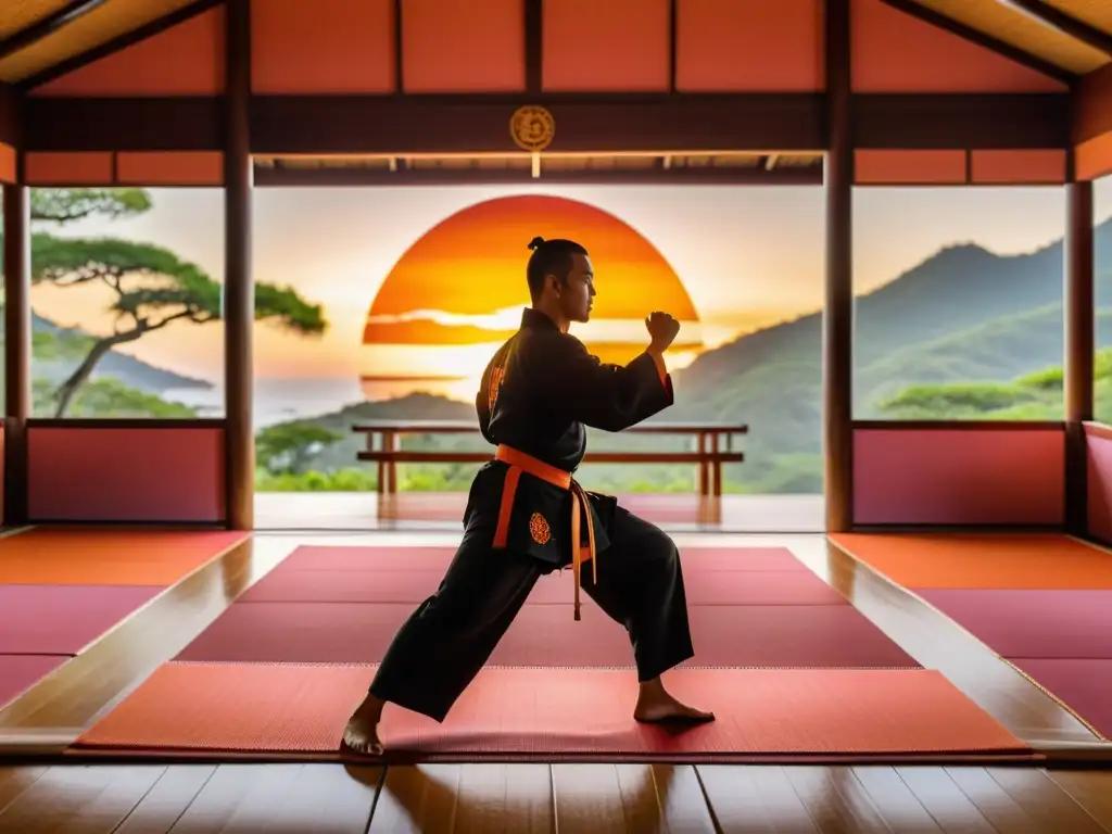 Mañana en un dojo tradicional de Okinawa con un artista marcial practicando kata, capturando la filosofía marcial de Itosu Anko modernización Karate