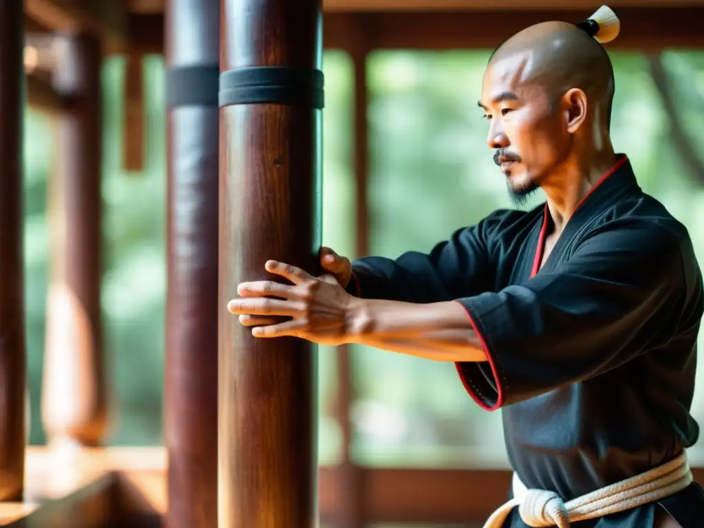 Un maniquí de madera desgastada por el tiempo usado en entrenamiento de Wing Chun