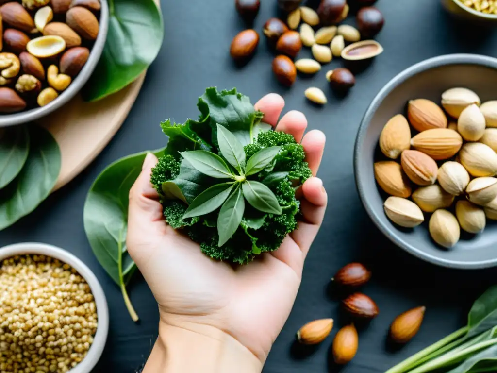 Mano sostiene alimentos ricos en zinc y magnesio en espacio de entrenamiento de artes marciales