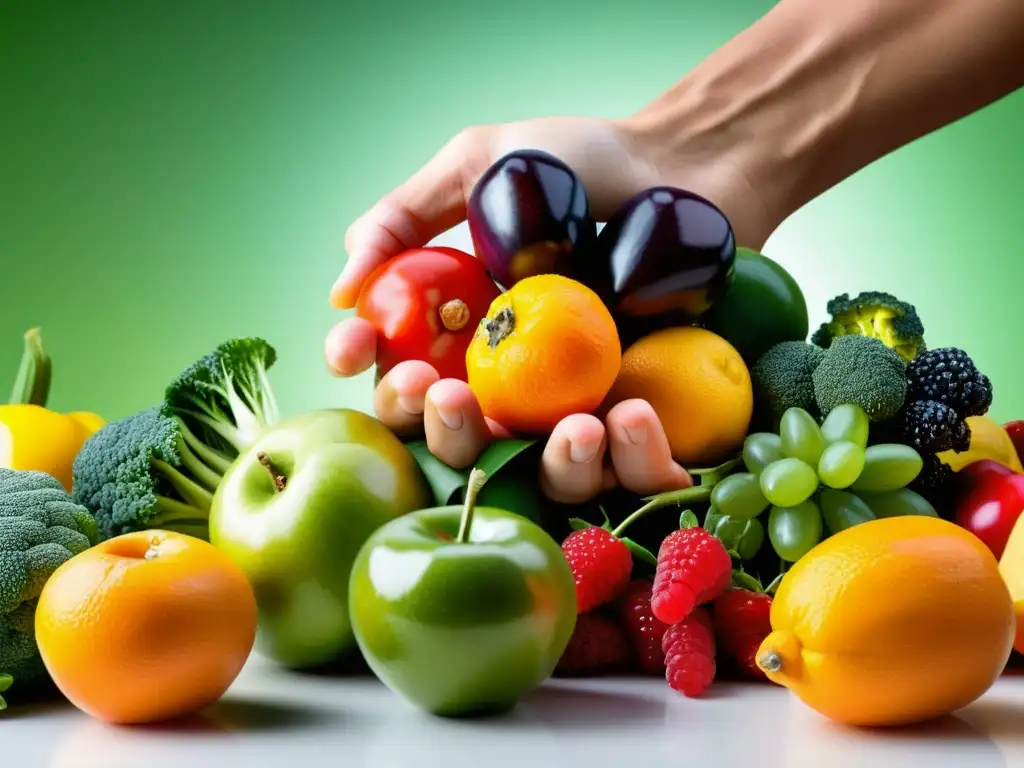 Mano de artista marcial agarra frutas y verduras, resaltando la importancia de las vitaminas en artes marciales y la nutrición equilibrada