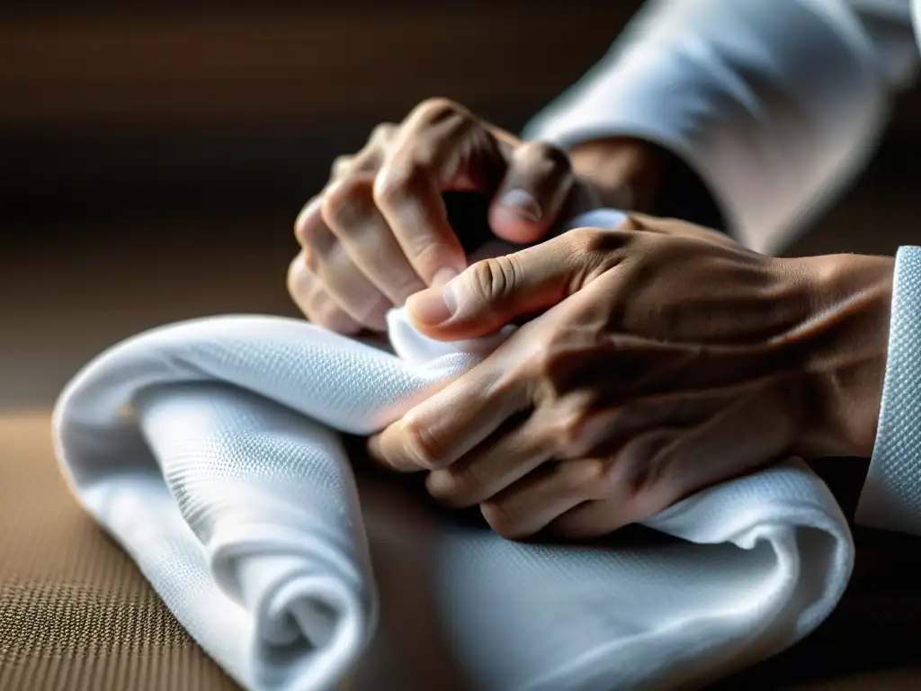 La mano de un artista marcial envuelta en tela blanca muestra la disciplina y precisión en el entrenamiento