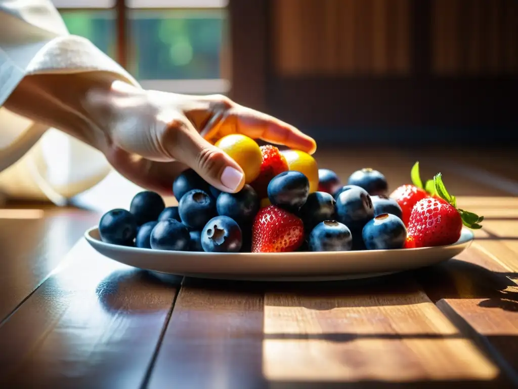 Mano de artista marcial con frutas antioxidantes para mejorar rendimiento marcial