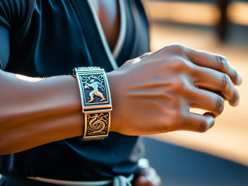 Mano de artista marcial con pulsera plateada grabada con símbolos tradicionales, evocando disciplina y reverencia