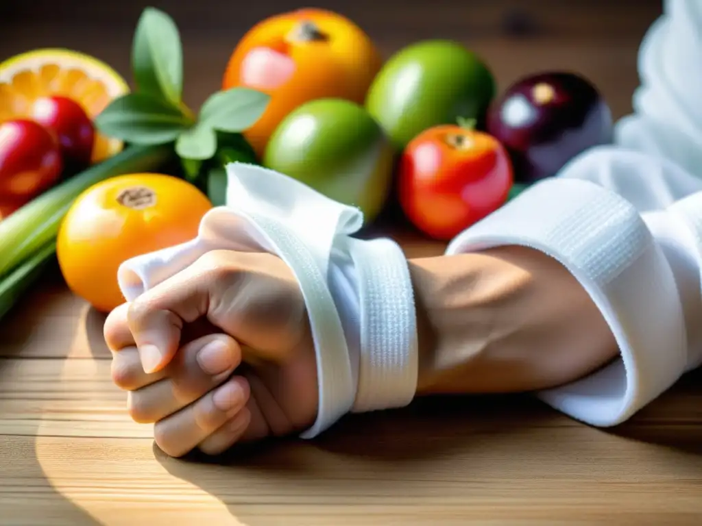 Mano de atleta con vendaje marcial y frutas, resaltando la importancia de la nutrición en la prevención de lesiones marciales