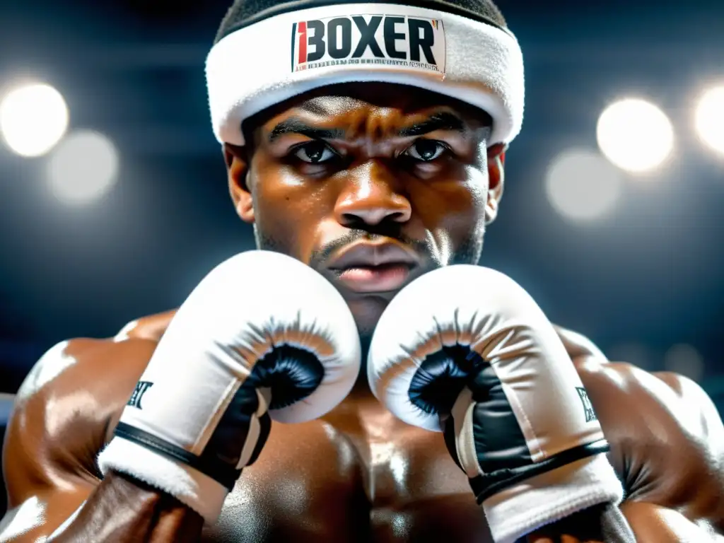 Mano de boxeador con vendas blancas, mostrando determinación y fuerza en un gimnasio de boxeo