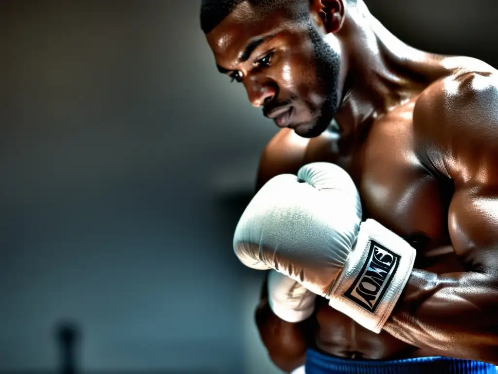 Mano de boxeador con vendas y guante desgastado, reflejando determinación y preparación para el combate