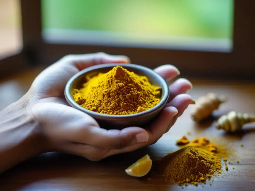 Mano sosteniendo cuenco de cúrcuma y jengibre, con luz natural y fondo de dojo japonés