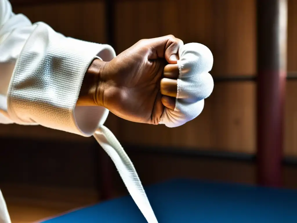 Mano envuelta en tela blanca ajusta objetivo en muñeco de entrenamiento de madera