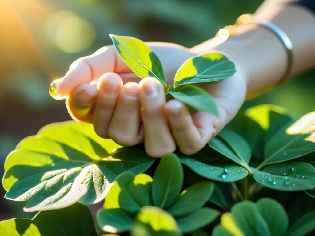 Una mano femenina recoge con cuidado una hoja verde vibrante en un jardín de hierbas adaptógenas, bañado por la cálida luz del sol