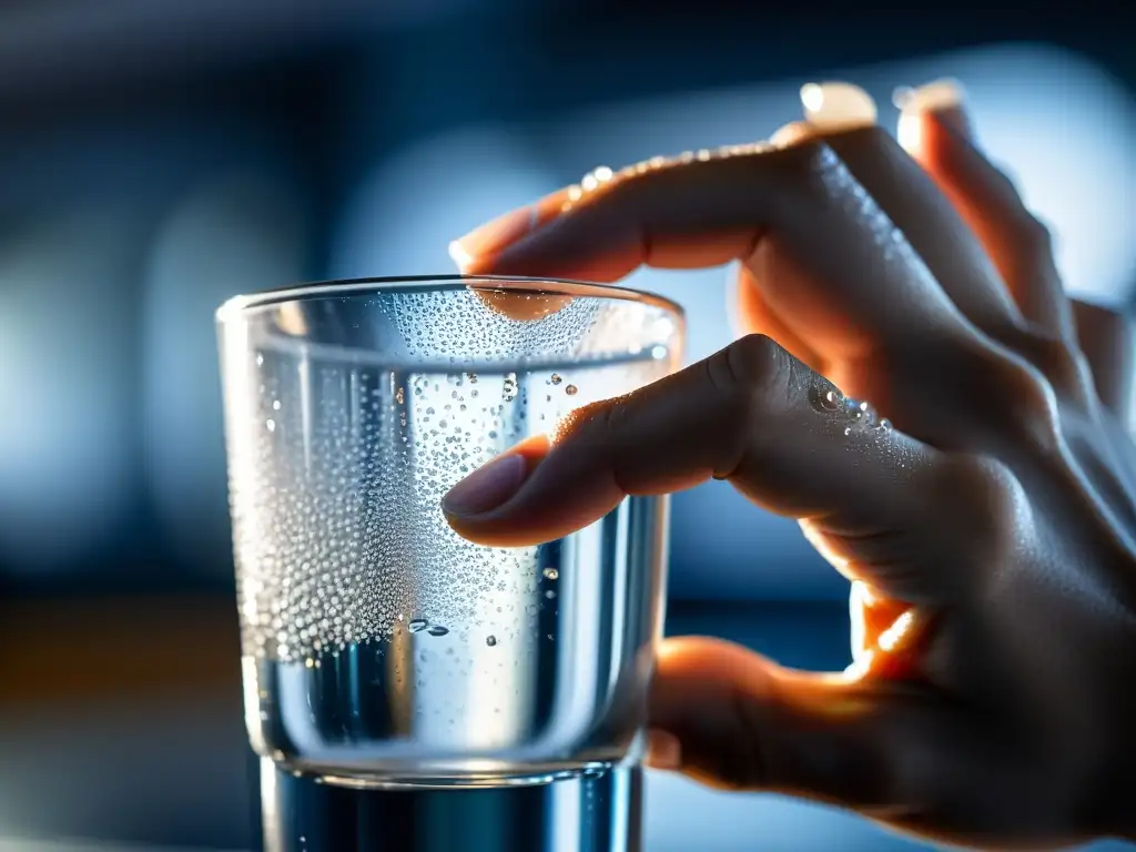 Una mano femenina sostiene un vaso de agua con gotas de condensación, en un gimnasio difuminado