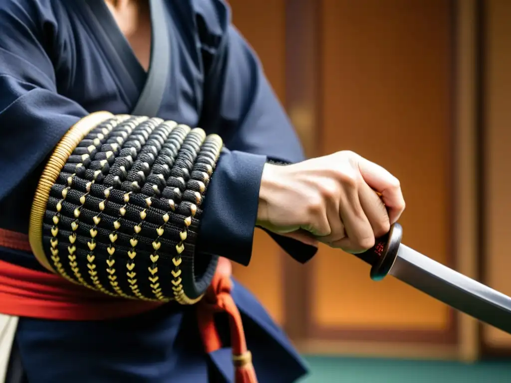 Mano firme de un practicante de kendo en un detallado agarre de katana, reflejando el camino espiritual del kendo con determinación y elegancia