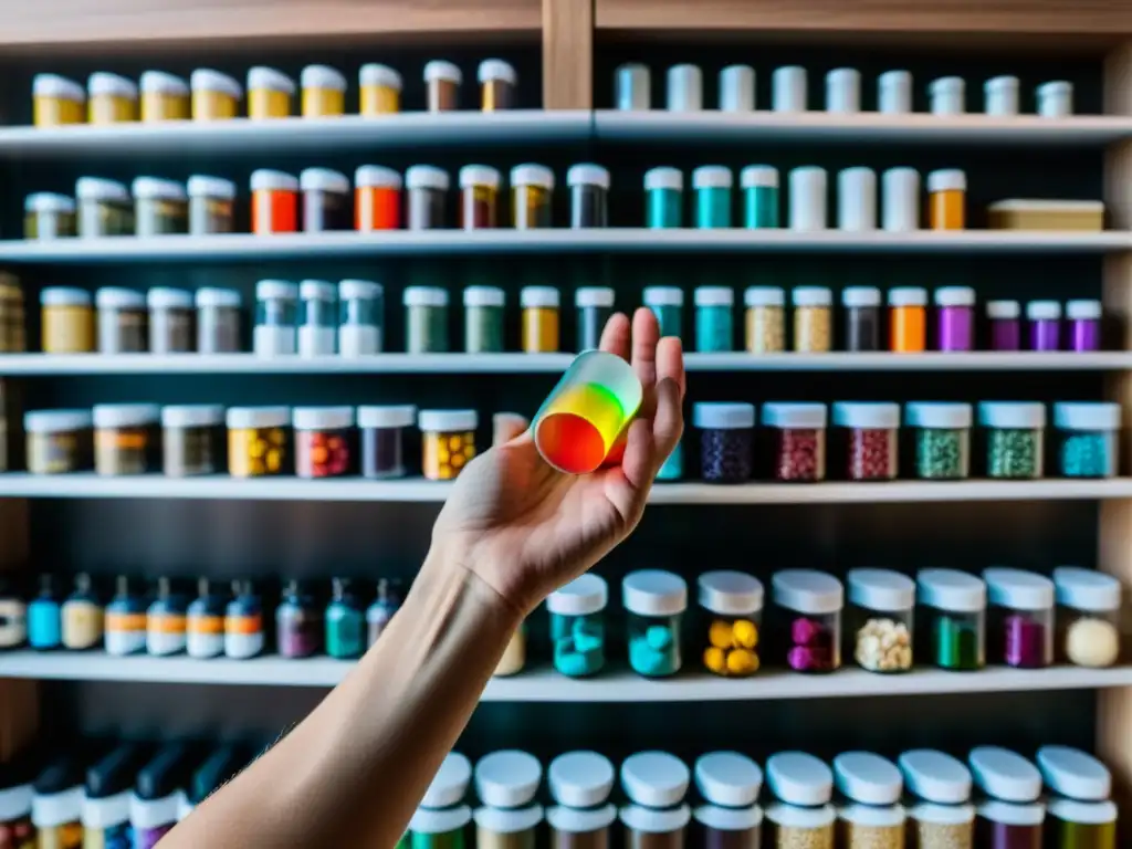 Nootrópicos coloridos: la búsqueda de la ventaja mental Una mano alcanza un frasco de suplementos nootrópicos en una estantería oscura y misteriosa