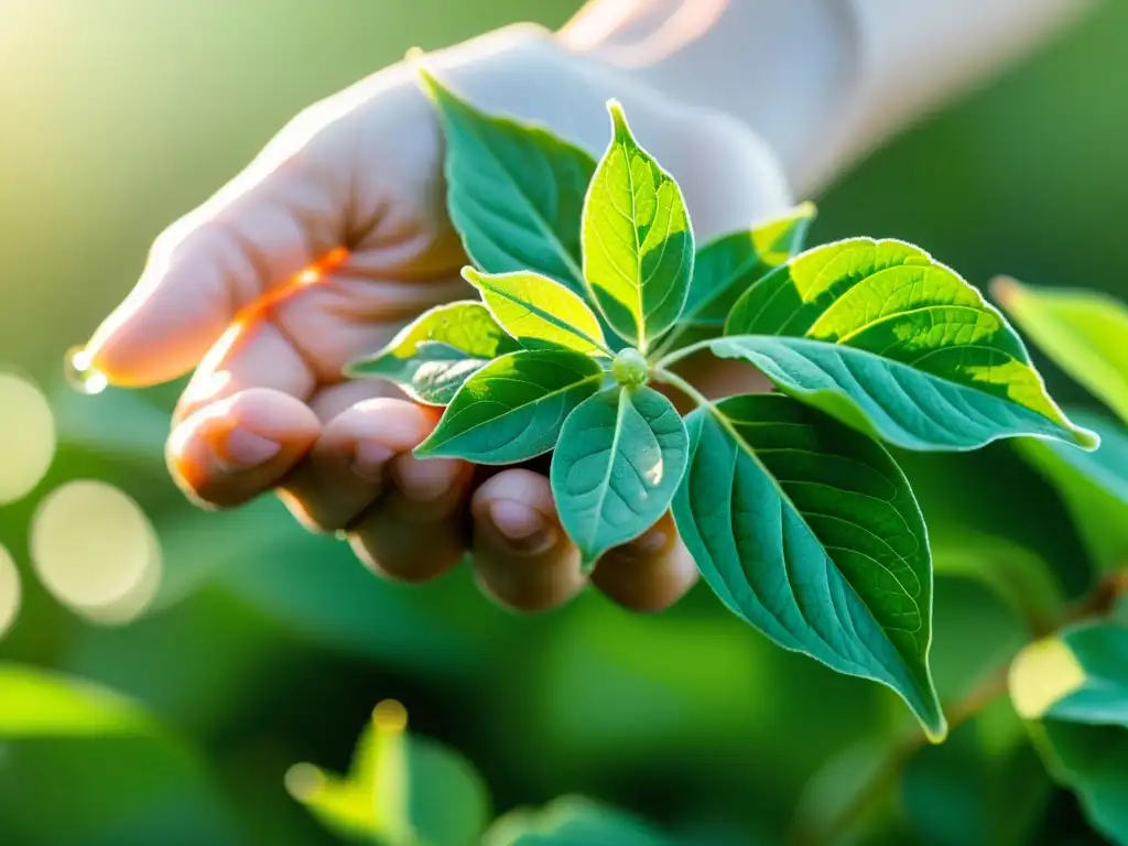 Mano fuerte sosteniendo hojas verdes de Ashwagandha, con detalles y gotas de rocío, evocando vitalidad y conexión con la naturaleza