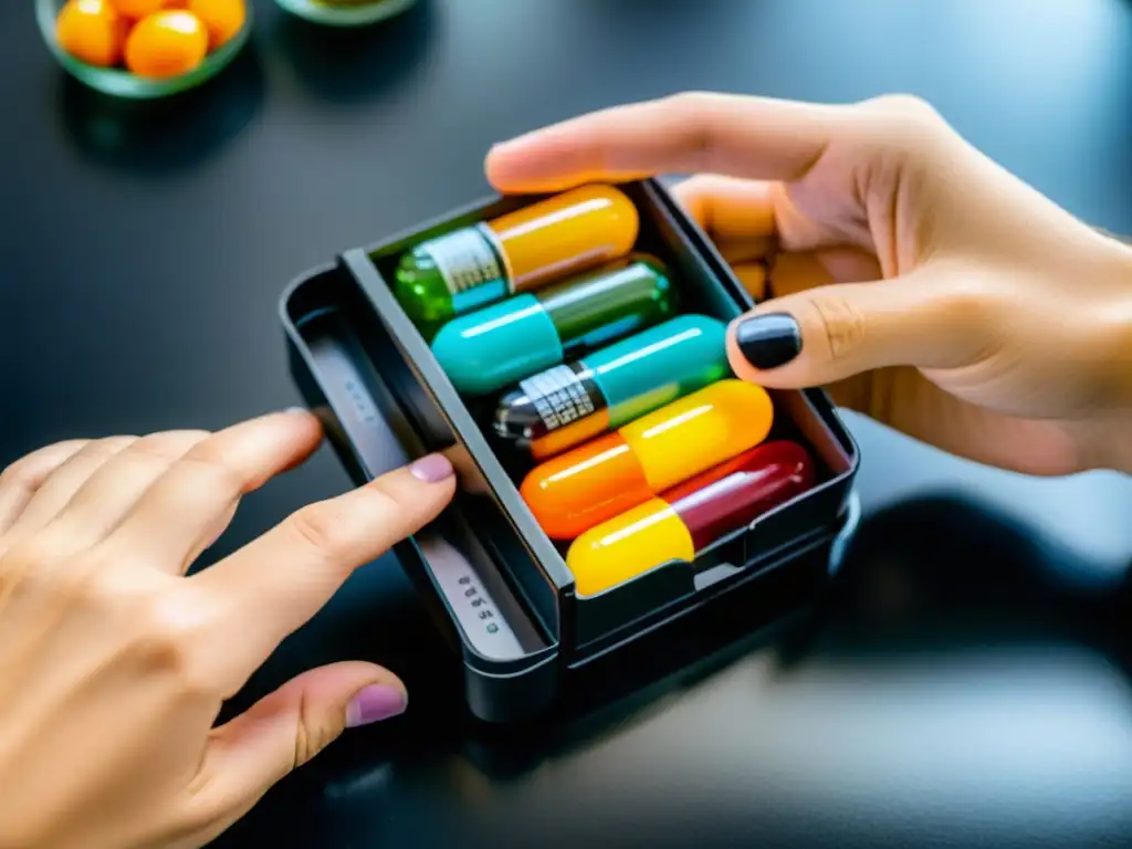 Mano en guante de Taekwondo sostiene organizador de pastillas con vitaminas para desempeño en Taekwondo, frente a fondo de entrenamiento dinámico