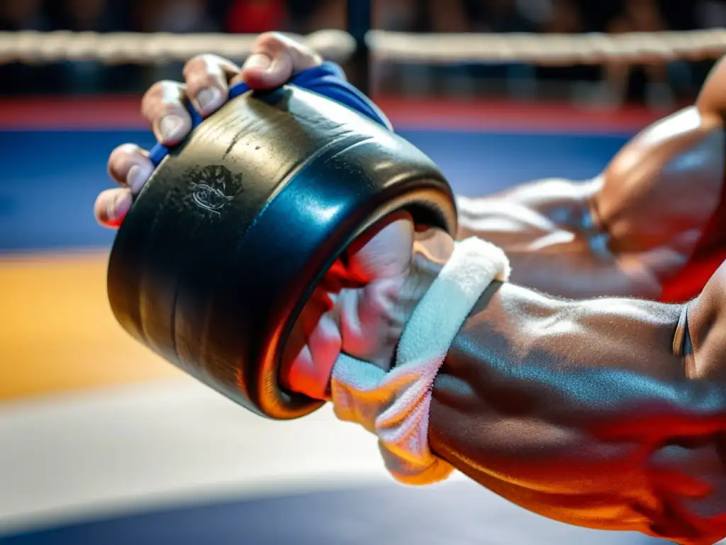 Mano de luchador sudorosa y determinada sujetando implemento de entrenamiento