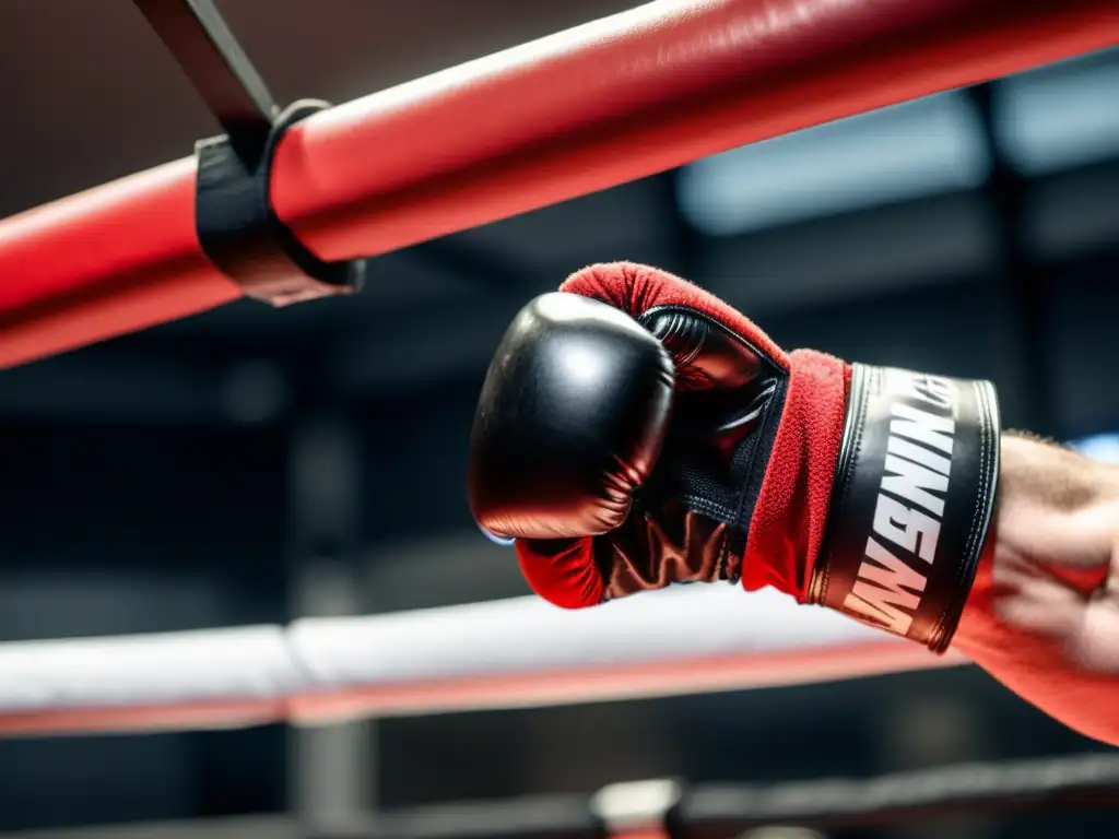 Mano musculosa con vendas MMA rojas y negras, sosteniendo guantes rojos en gimnasio de MMA