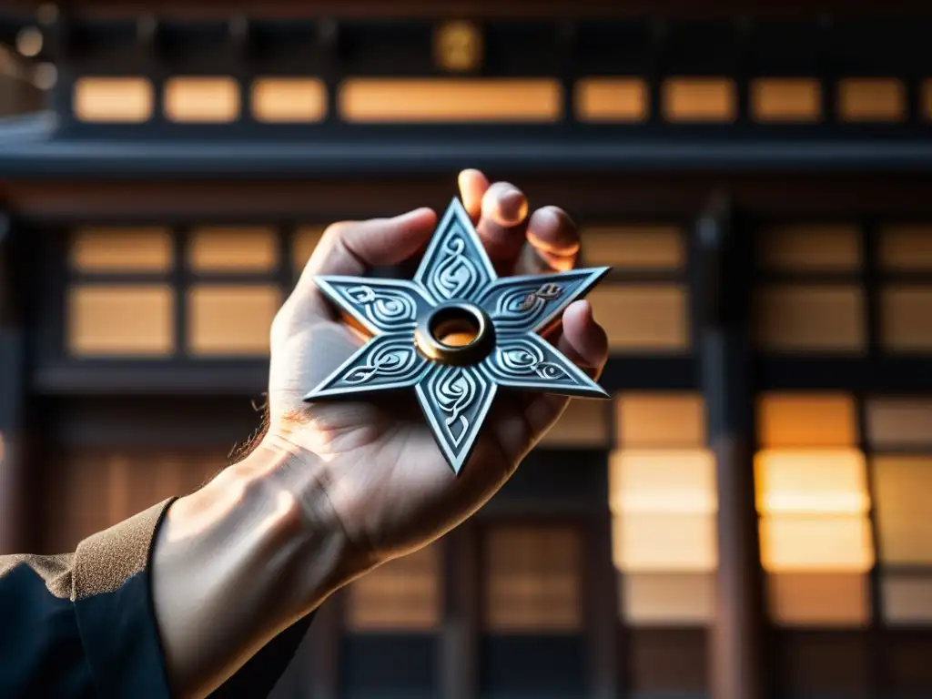 La mano de un ninja sostiene un shuriken con detalle ultrarrealista