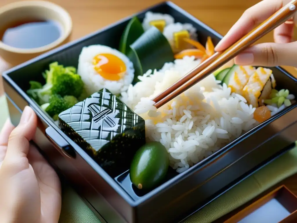 Mano con palillos japoneses recogiendo un grano de arroz en un bento box