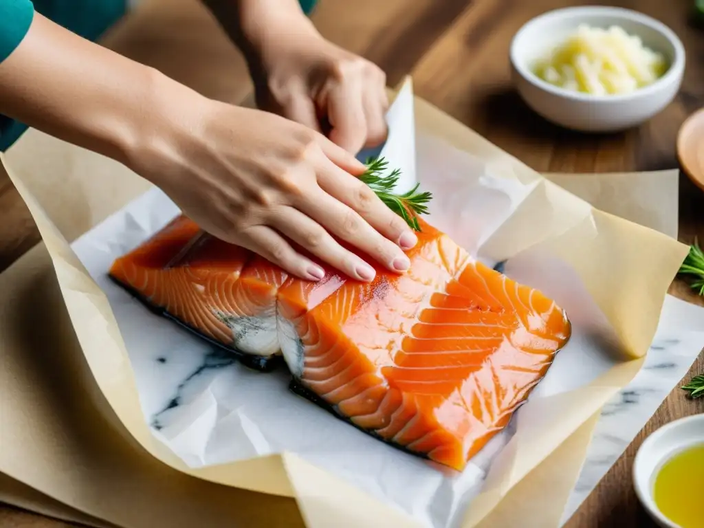 Mano envolviendo salmón en papel pergamino, resaltando los beneficios omega3 en la dieta para el entrenamiento de artes marciales