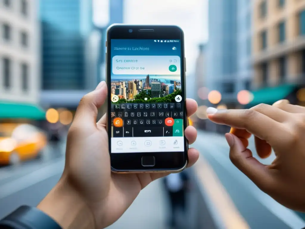 Mano sosteniendo smartphone con pantalla de bloqueo y otra mano escribiendo, en la ciudad